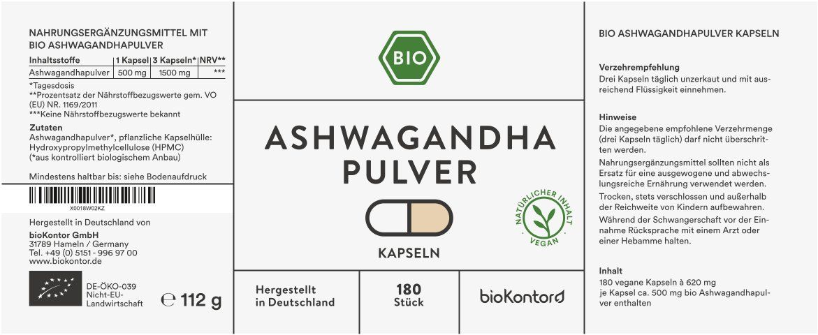 Weißes Etikett mit Text: "ASHWAGANDHA PULVER KAPSELN", 180 Stück, BIO-Siegel, Vegan-Siegel, Inhaltsstoffe, Herstellerinformationen und Nährwertangaben.