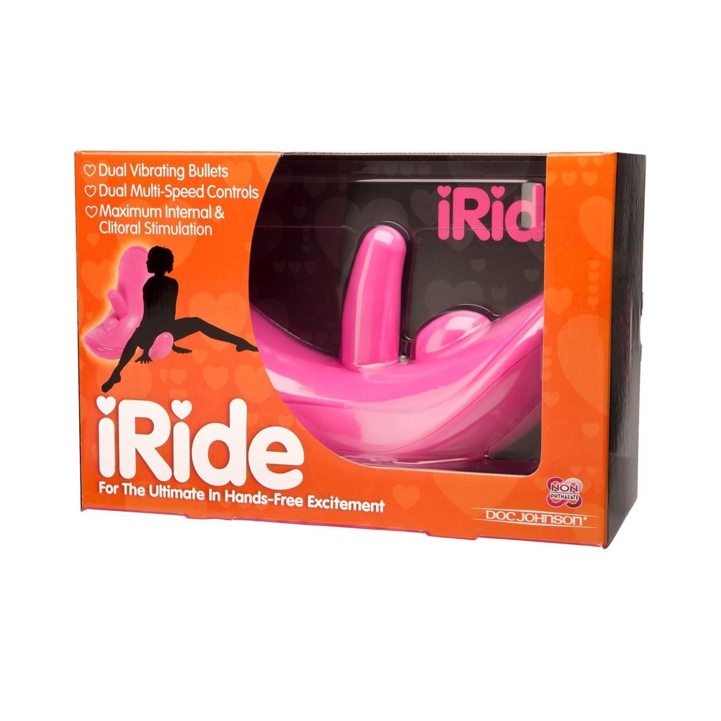 Rosa Vibrator in Verpackung. Mit Aufschrift iRide und Produktmerkmalen. Orangefarbener Karton mit Sichtfenster.