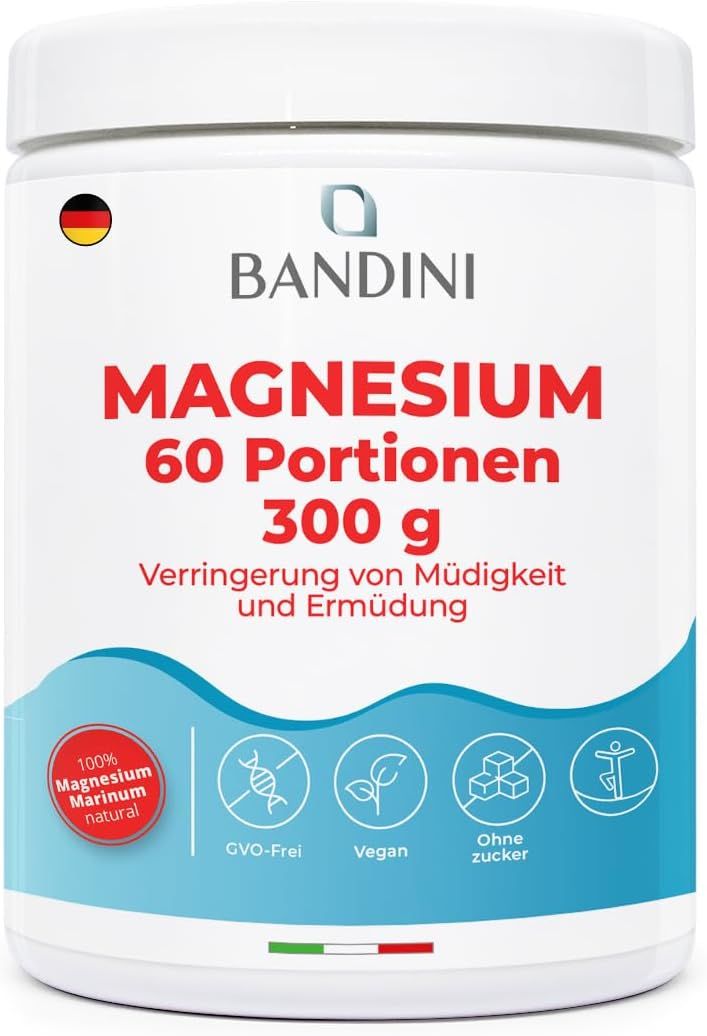 Weißer Bandini Magnesium-Behälter. Roter Schriftzug: Magnesium. 60 Portionen, 300 g. Text: Verringerung von Müdigkeit und Ermüdung.