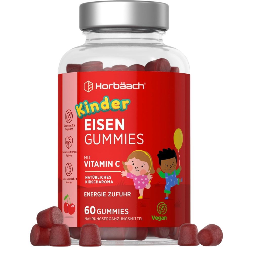 Rote Gummibärchen in einer transparenten Flasche. Auf dem Etikett steht "Kinder Eisen Gummies" und "Vitamin C".