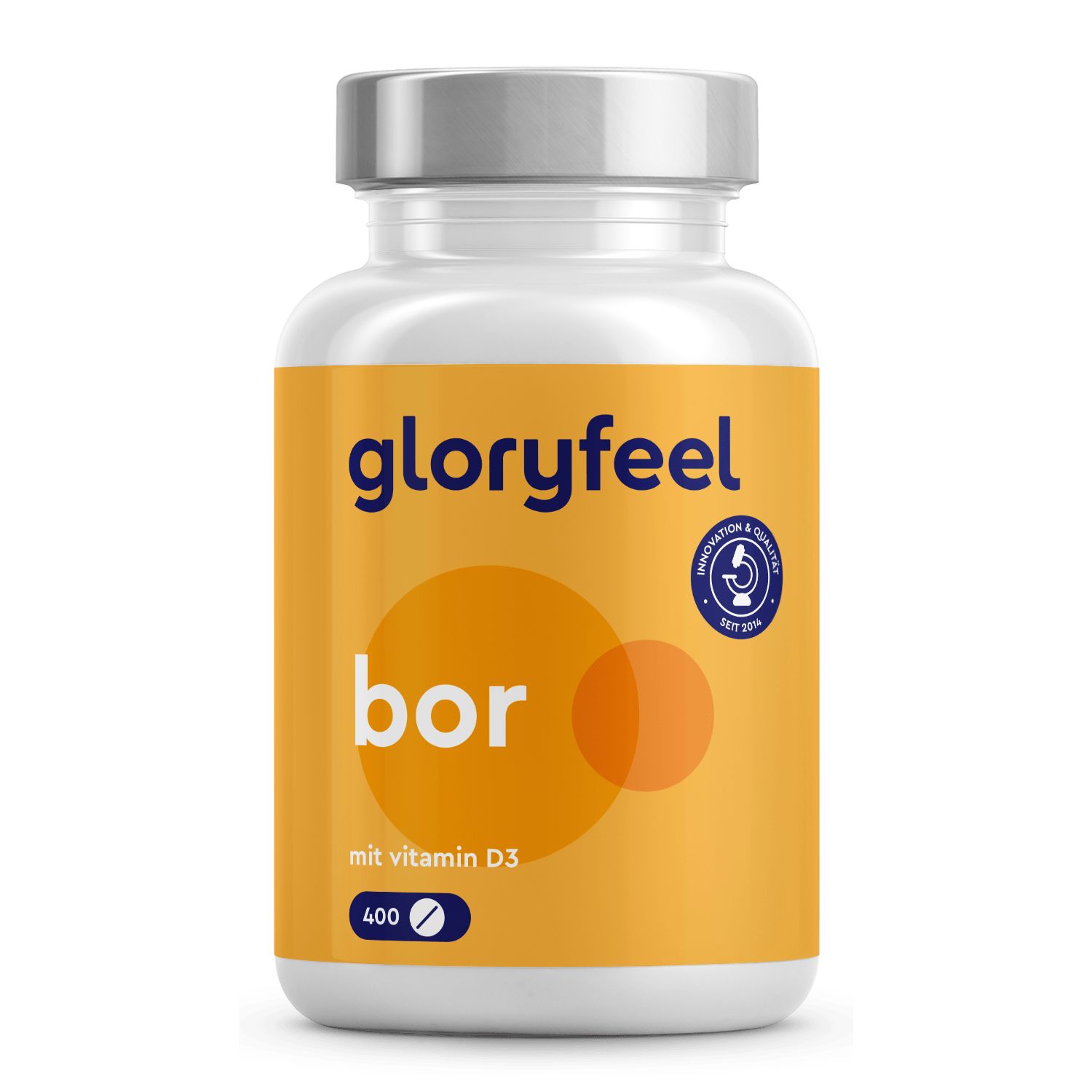 Weißes Tabletten-Glas mit gelbem Etikett. Aufschrift: gloryfeel, bor, mit Vitamin D3, 400. Siegel.