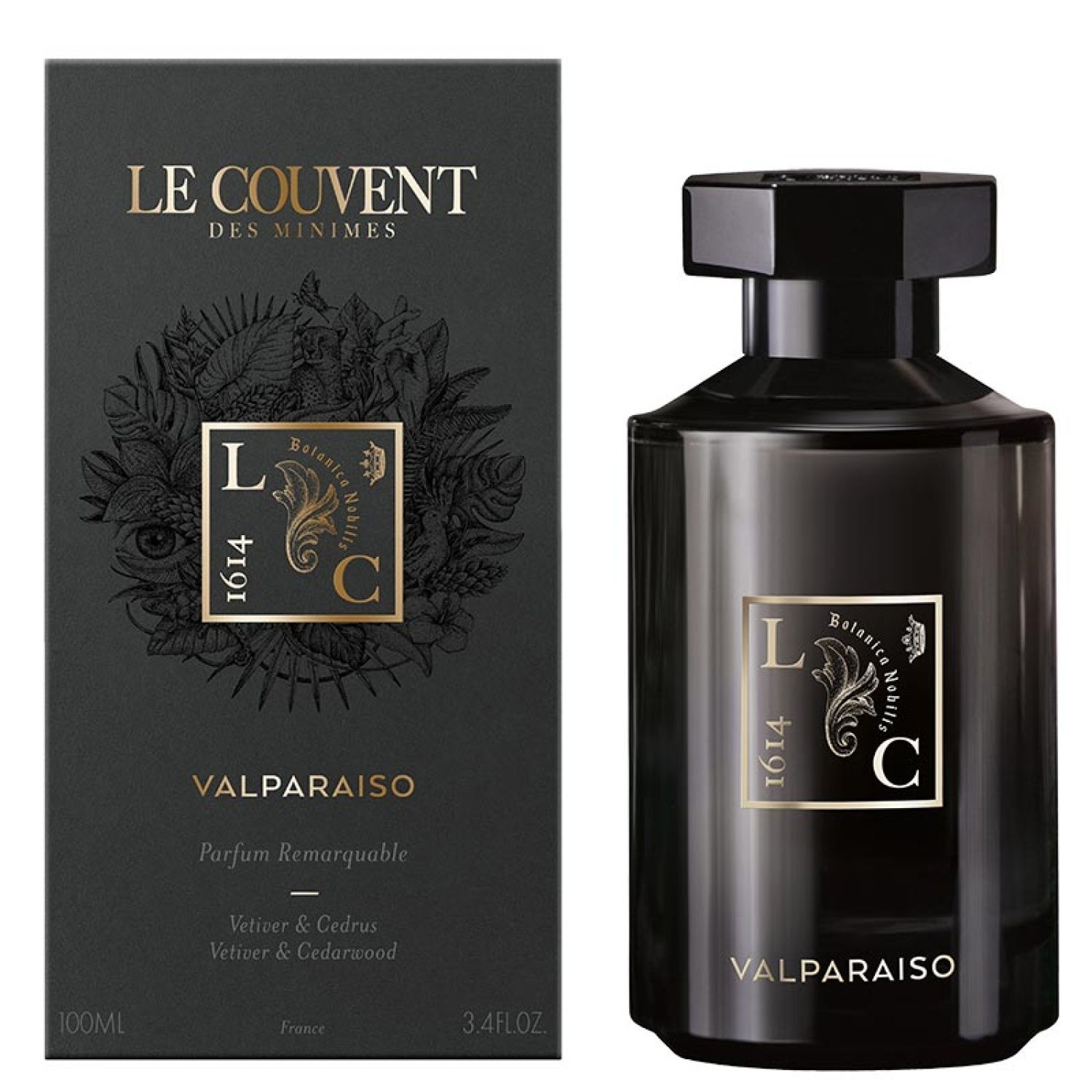 Produkt und Verpackung nebeneinander. Schwarze Flasche und Box mit goldenem Logo und Schriftzug.