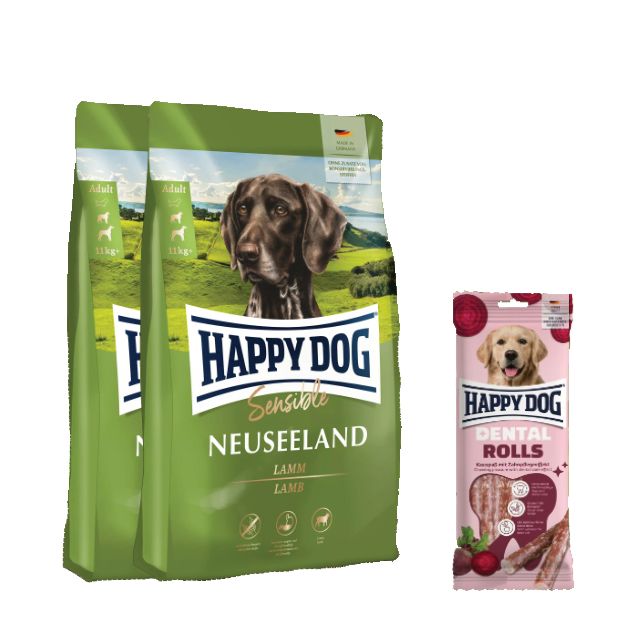 Happy Dog Sensible Neuseeland Doppelpack + Dental Rolls für Hunde 25,1 kg