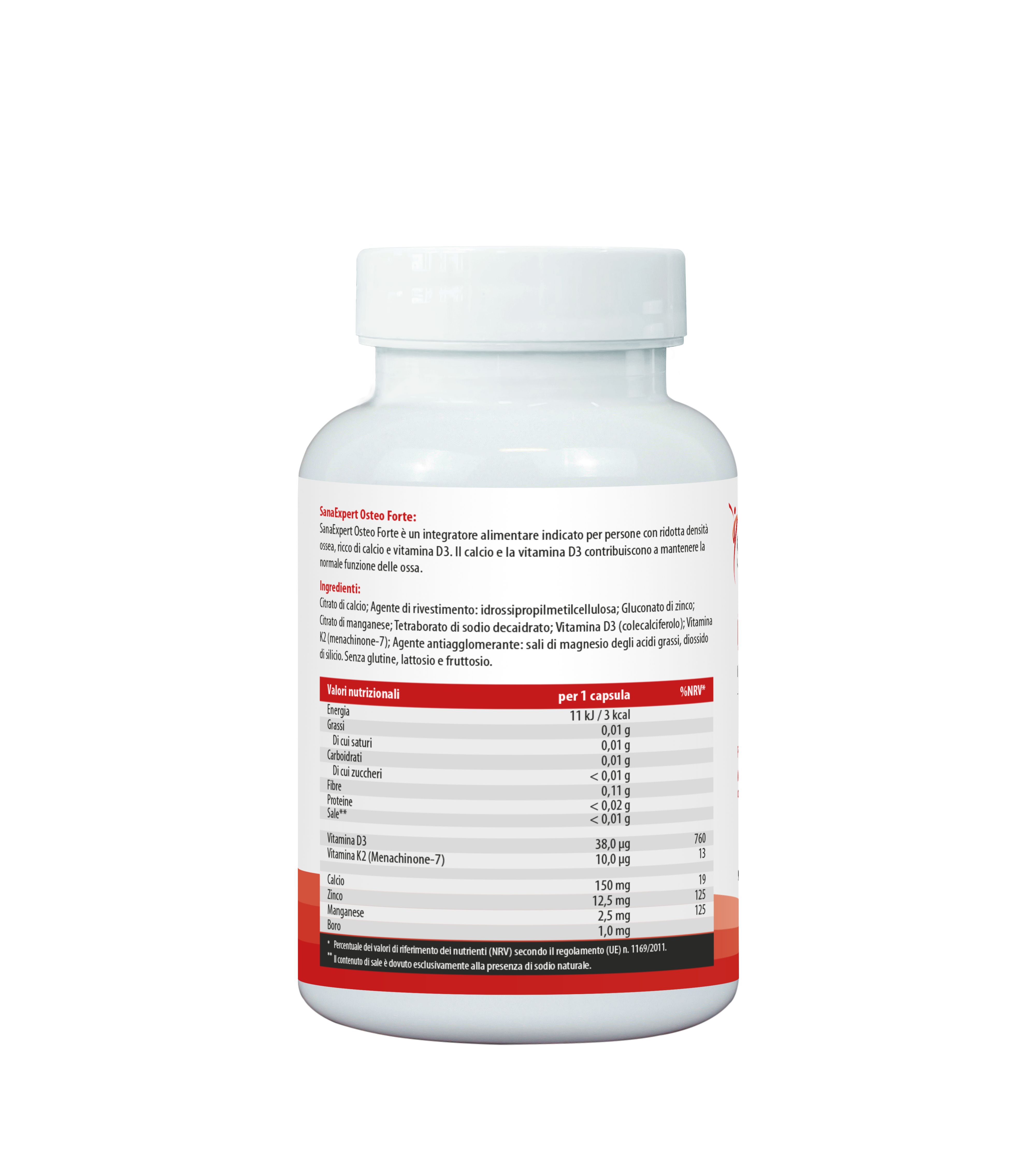 Rückseite einer weißen Flasche mit Text. SanaExpert Osteo Forte. Inhaltsstoffe, Nährwertangaben. Hergestellt in Deutschland.
