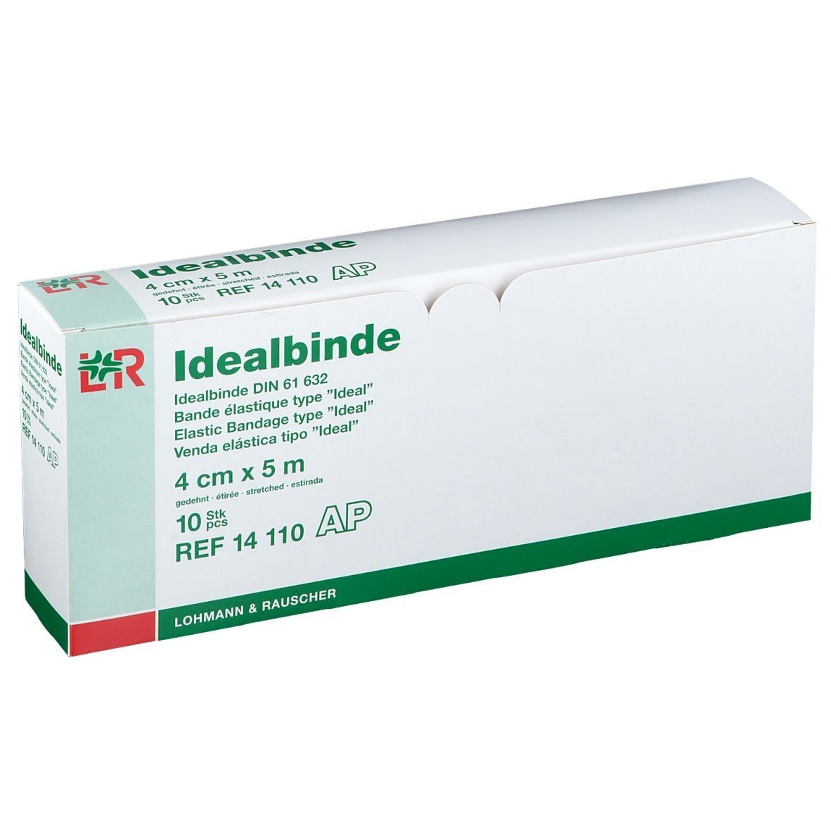 Verpackung von Idealbinde, 4 cm x 5 m. 10 Stück. Weiß mit grünen und roten Akzenten. Text: Idealbinde, L&R.