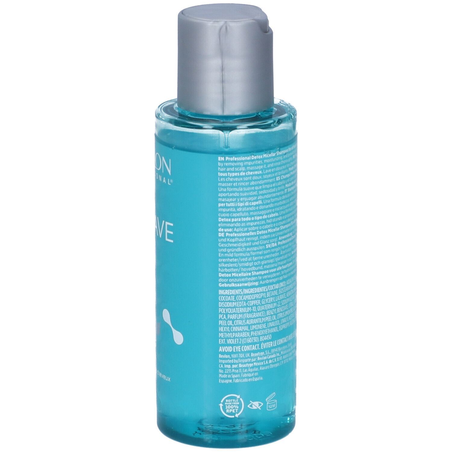 Rückseite einer transparenten Flasche mit blauem Shampoo. Silberner Deckel. Produktetikett mit Text.