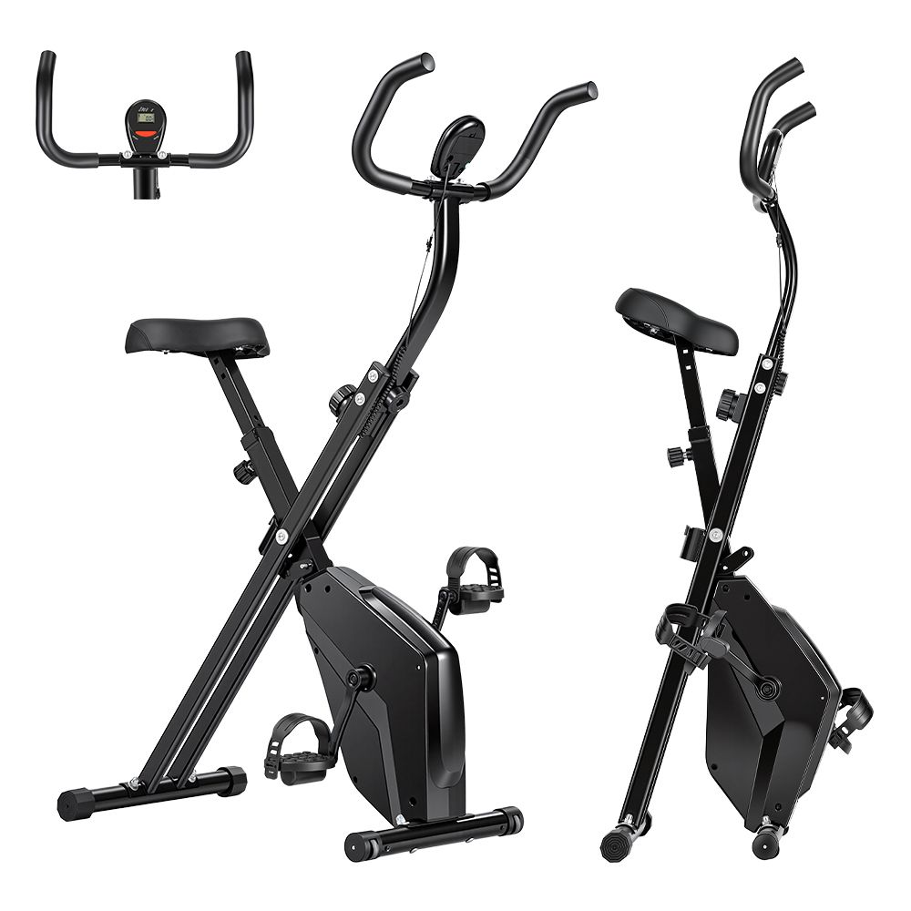Drei Ansichten eines schwarzen, klappbaren Heimtrainer-Fahrrads. Sattel, Lenker, Pedale und Display. Metallrahmen.