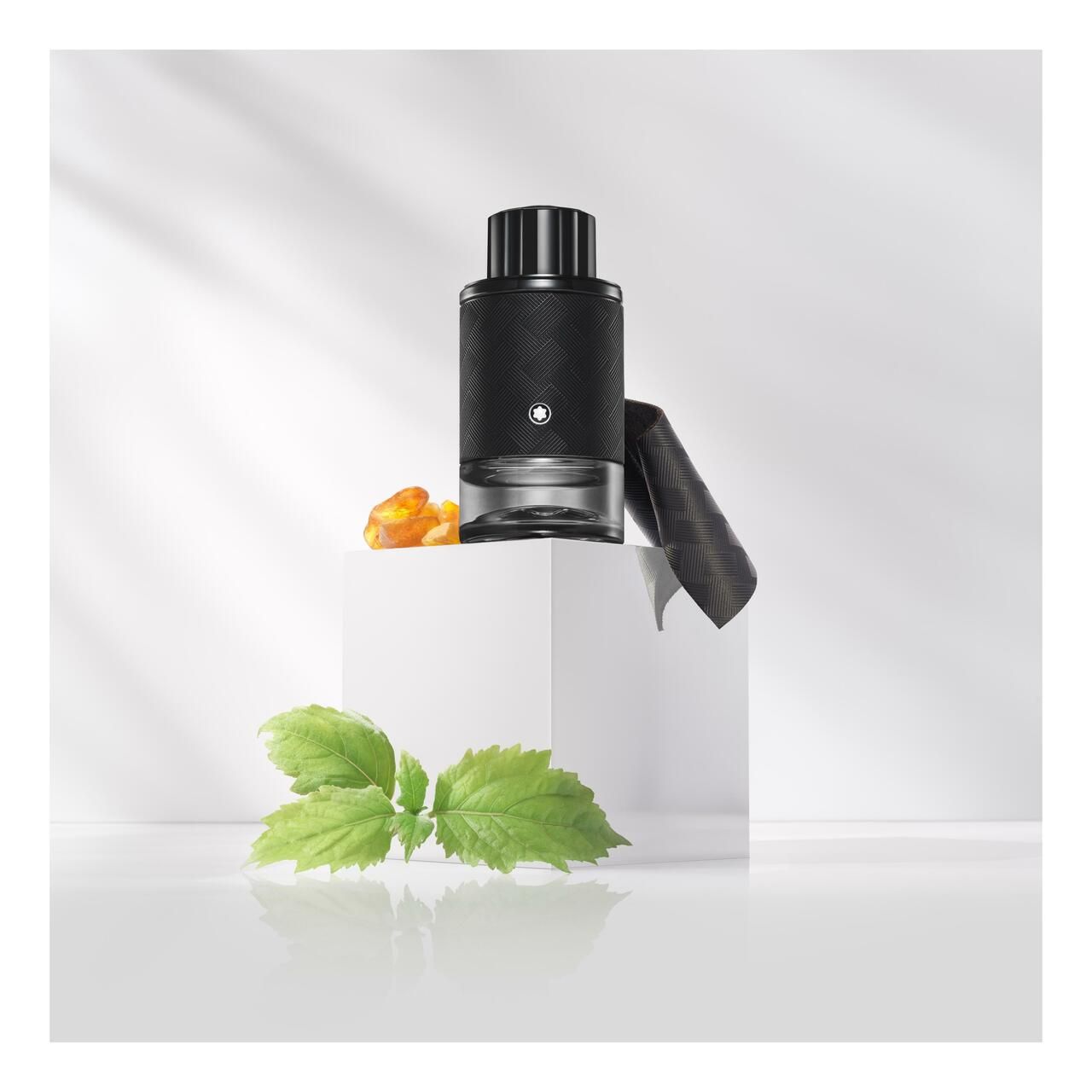 Schwarzer Flakon auf weißem Podest. Blätter, bernsteinfarbene Steine und schwarzes Tuch daneben.