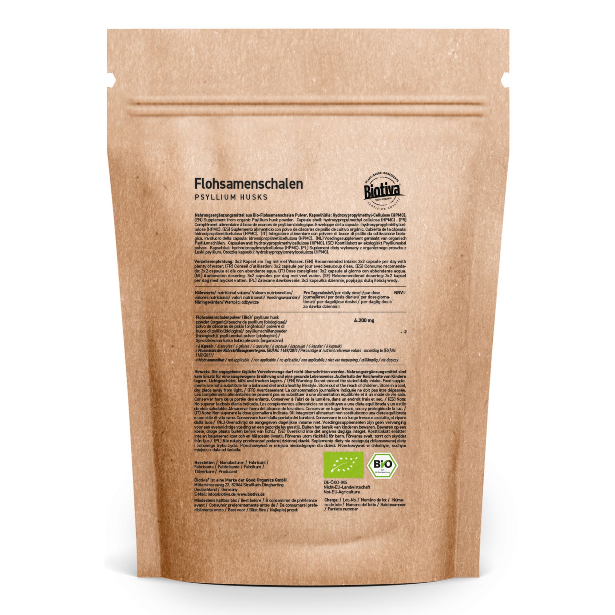 Braune Papierverpackung mit Produktinformationen und Biotiva-Logo. Bio-Siegel.