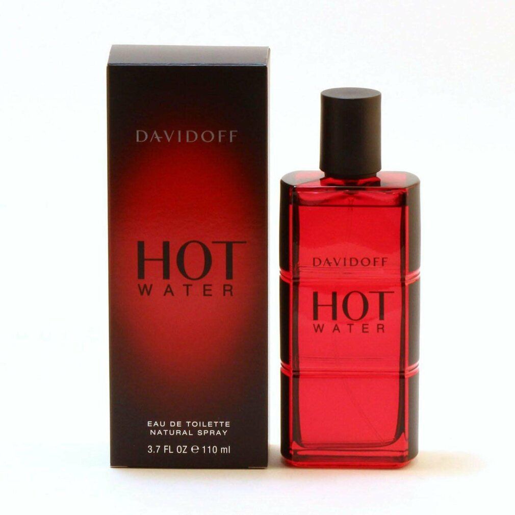 Davidoff Hot Water Edt Spray und Verpackung. Roter Flakon und schwarze Verpackung. Schriftzug: Davidoff, Hot Water.