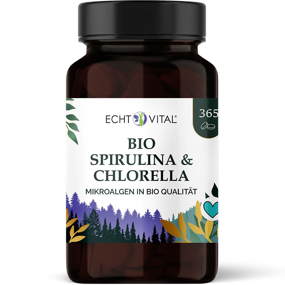 Dunkelbraune Glasflasche mit schwarzem Deckel, gefüllt mit Bio Spirulina & Chlorella Tabletten.