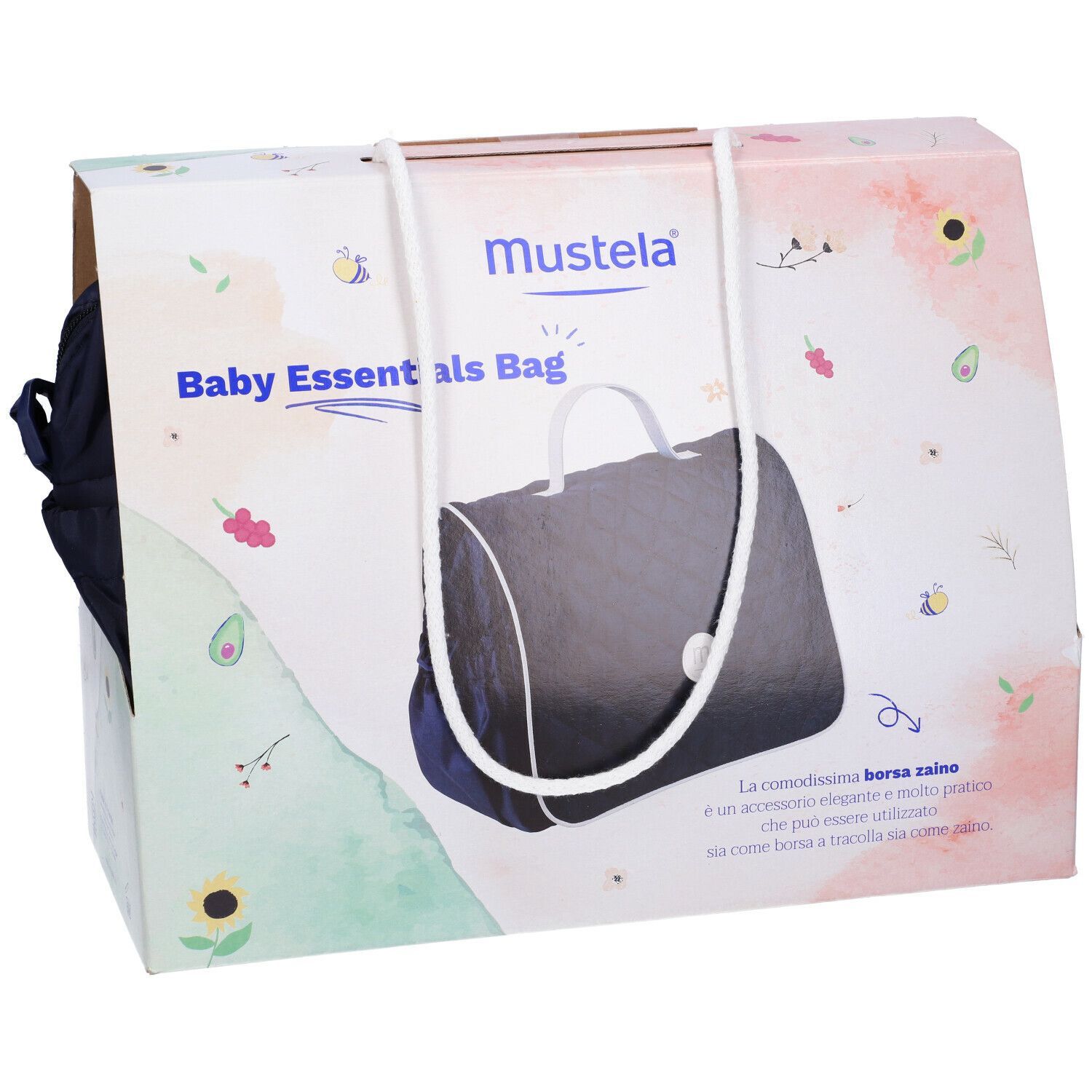 Mustela® Baby Essentials Bag nella confezione. Borsa e testo sulla confezione. Manico bianco.