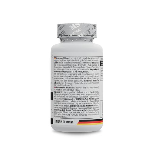 Rückseite einer weißen Flasche mit Text. Text in Deutsch und Englisch. Enthält Informationen zu Inhaltsstoffen und Anwendung.