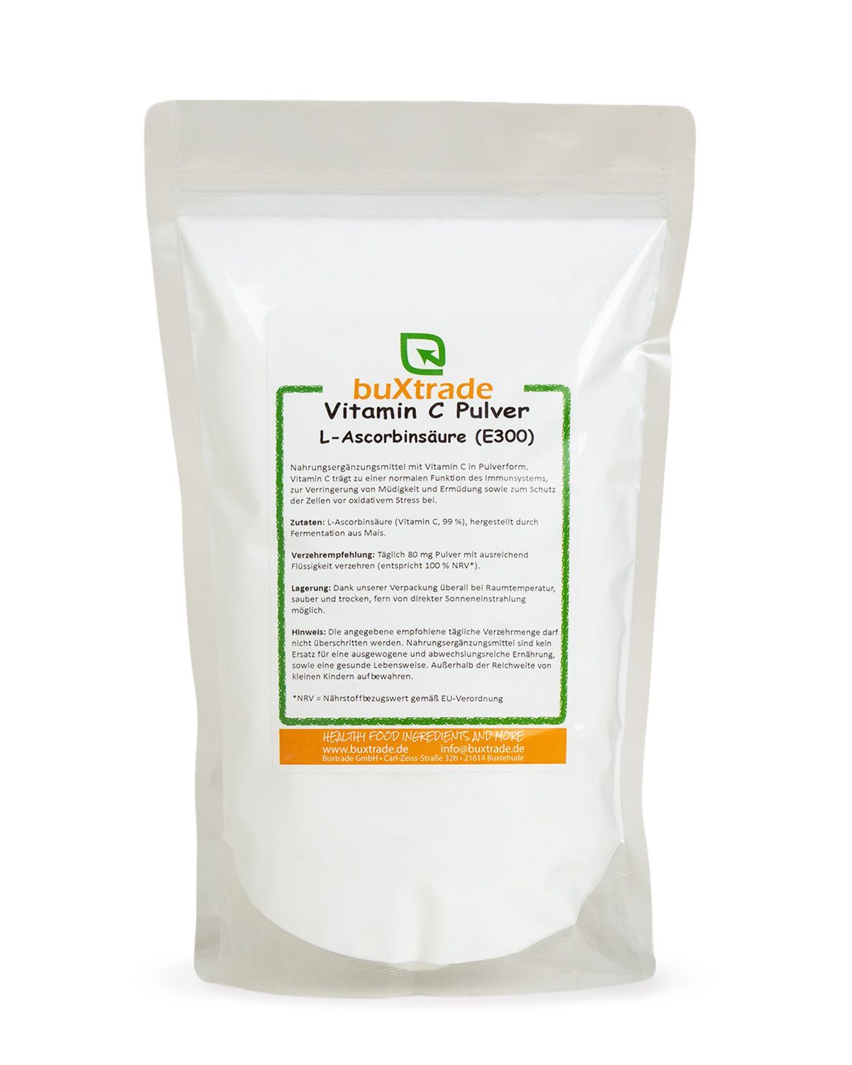 Verpackung von buxtrade Vitamin C L-Ascorbinsäure Pulver.