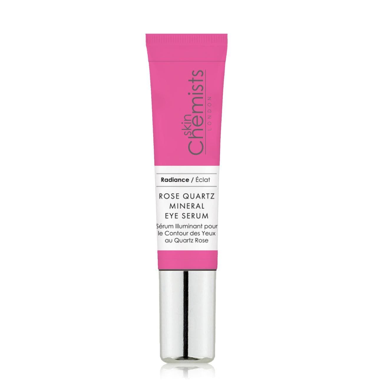 Rosa Tube mit silberner Spitze. Aufschrift: Rose Quartz Mineral Eye Serum. Marke: skinChemists.