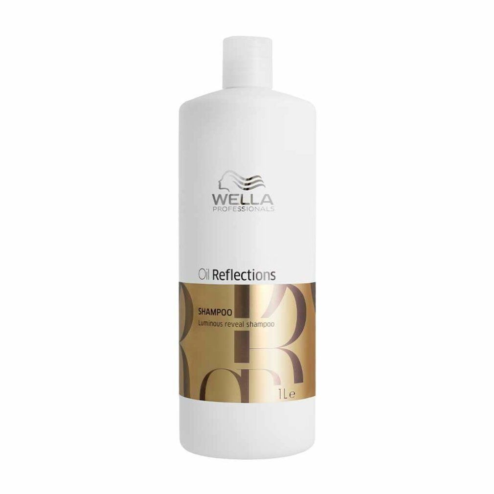 Weiße Shampoo-Flasche mit goldfarbenem Etikett. Aufschrift: Wella, Oil Reflections, Shampoo, 1l.