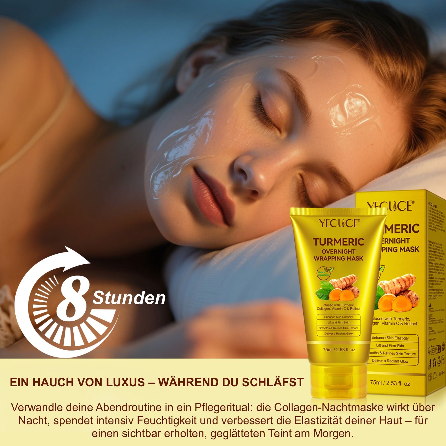 Frau schläft mit Maske, daneben Produktverpackung.