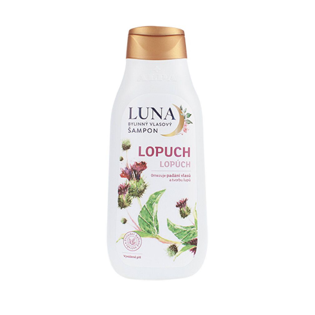 Weiße Shampoo-Flasche mit goldfarbenem Deckel. Aufschrift "LUNA LOPUCH". Illustrationen von Pflanzen.