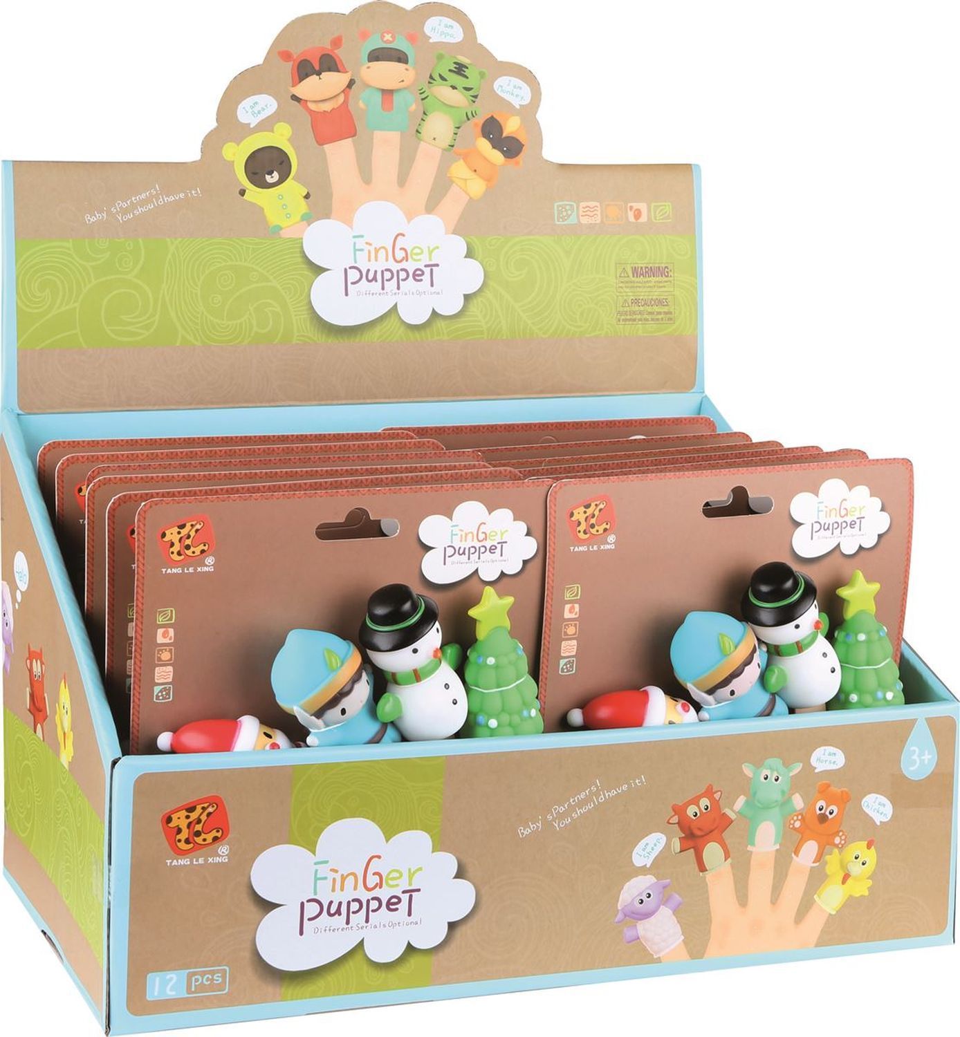 Verkaufsdisplay mit Fingerpuppen. Gezeigt werden verschiedene Weihnachtsfiguren. Verpackung mit Produktnamen "Finger Puppet". 12 Stück.
