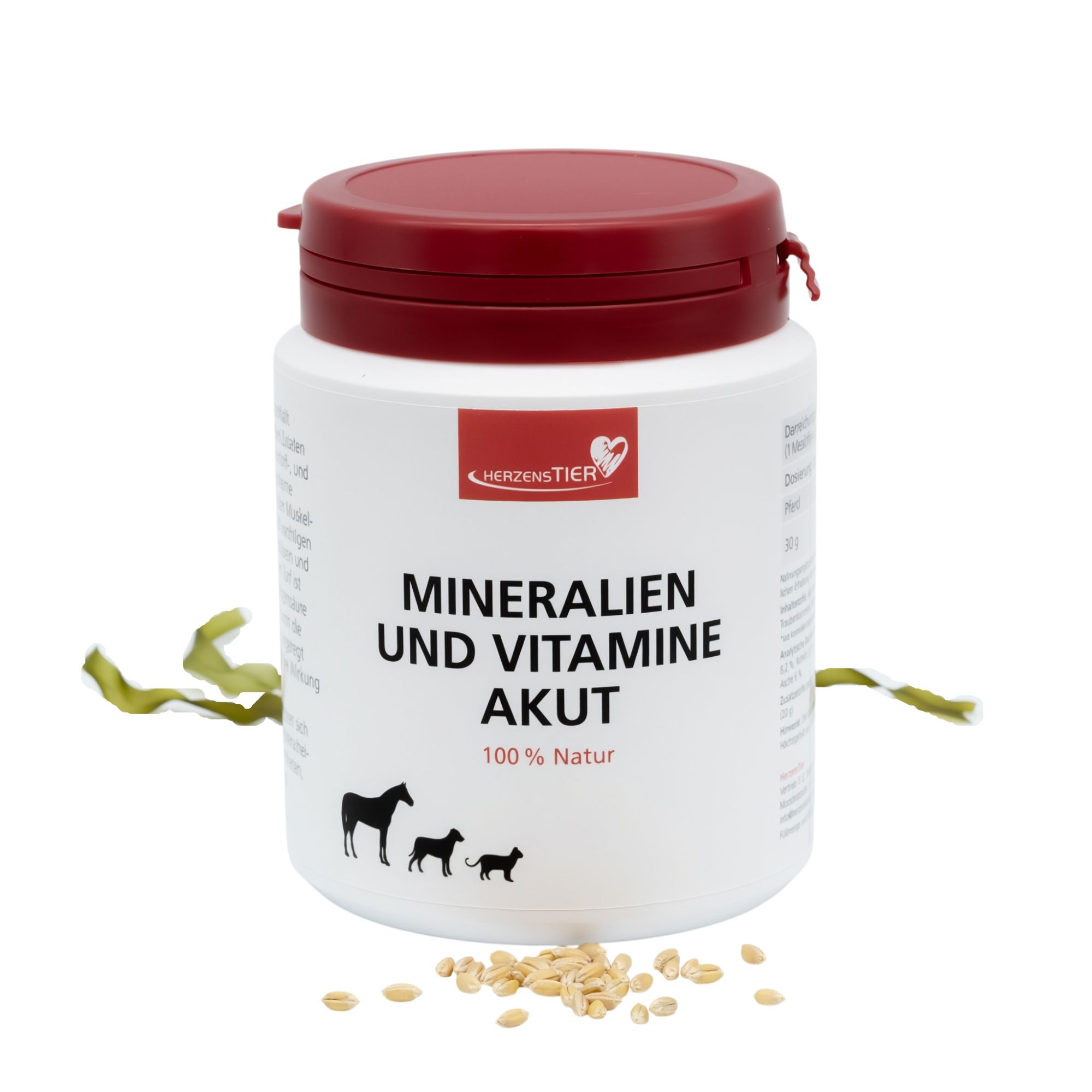 Weißes Behältnis mit rotem Deckel. Aufschrift: Mineralien und Vitamine akut. 100% Natur. Abbildung von Pferd, Hund und Katze.