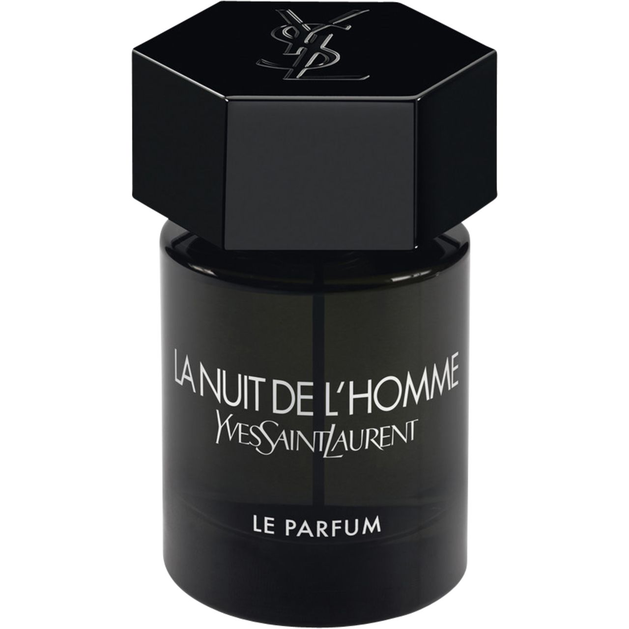 Dunkler Flakon mit schwarzem Deckel. Aufschrift: La Nuit de L'Homme, Yves Saint Laurent, Le Parfum. Schwarzer Deckel mit Logo.