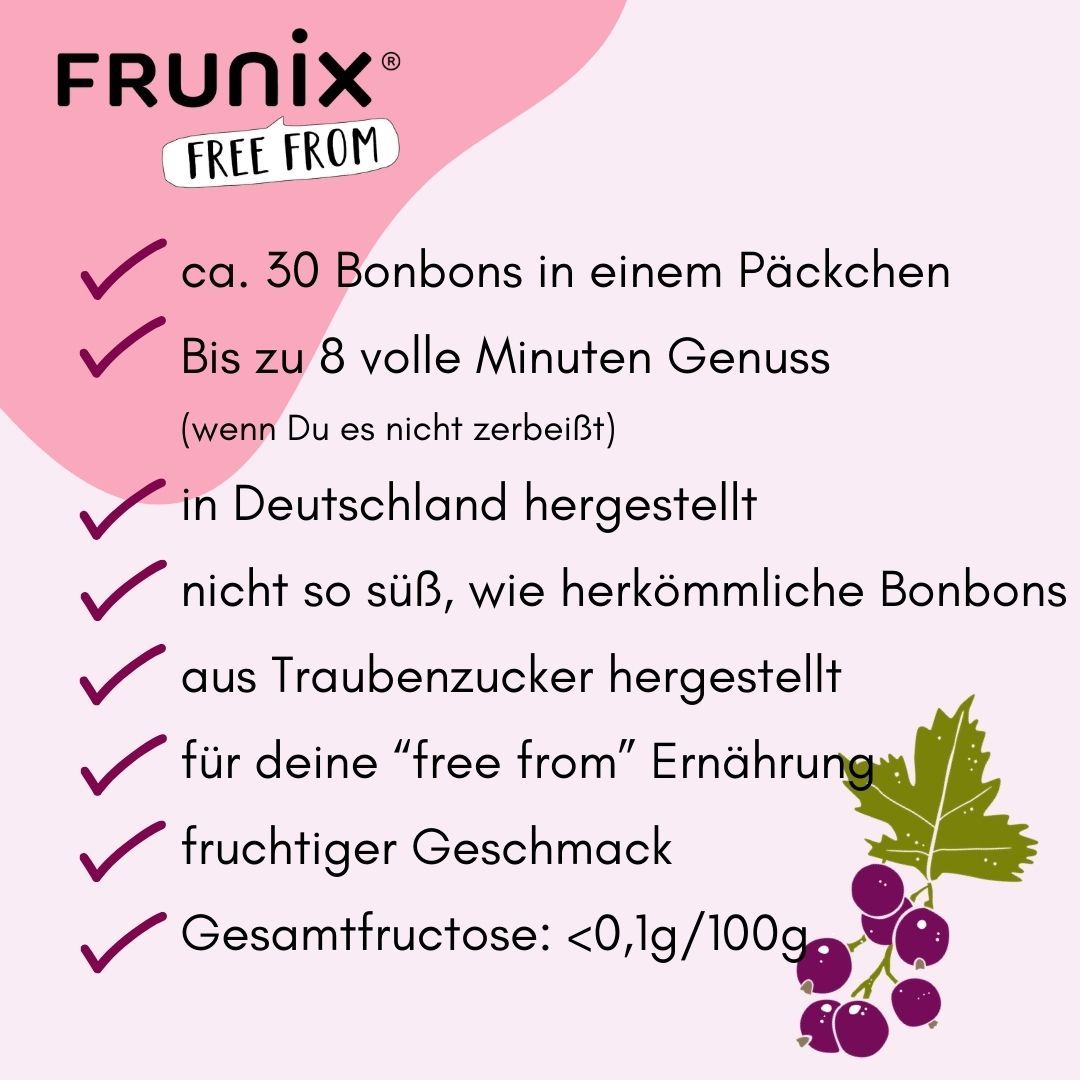 Rosa Hintergrund mit Text: ca. 30 Bonbons, bis zu 8 Minuten Genuss, hergestellt in Deutschland, fruchtiger Geschmack, Gesamtfructose <0,1g/100g.