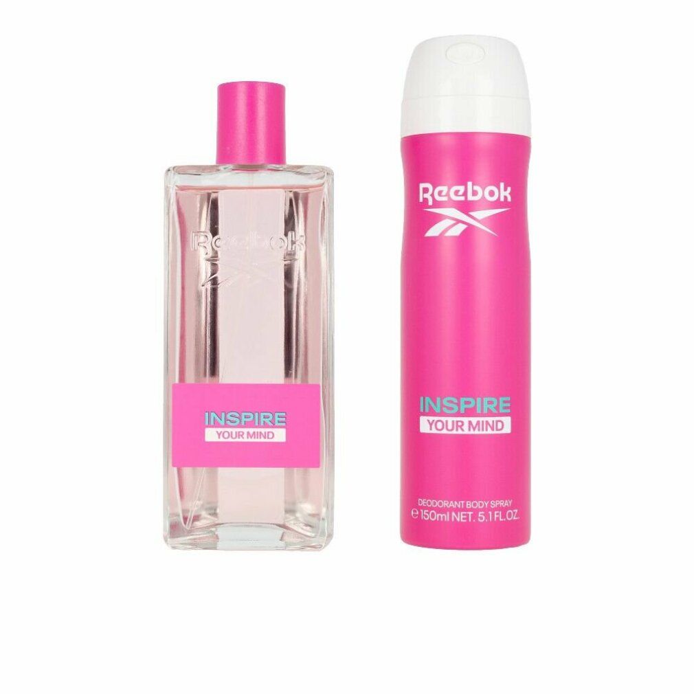 Zwei Produkte: Flakon und Spraydose. Beide pinkfarben mit weißem Reebok-Logo. Aufschrift: INSPIRE YOUR MIND.