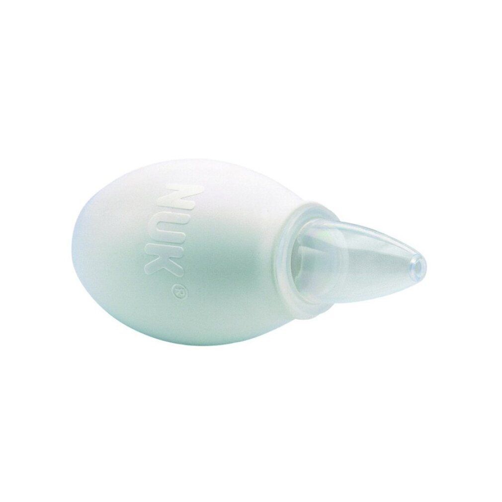 Weißer Nasensauger mit transparentem Aufsatz. Prägung: NUK. Birnenförmiger Körper.