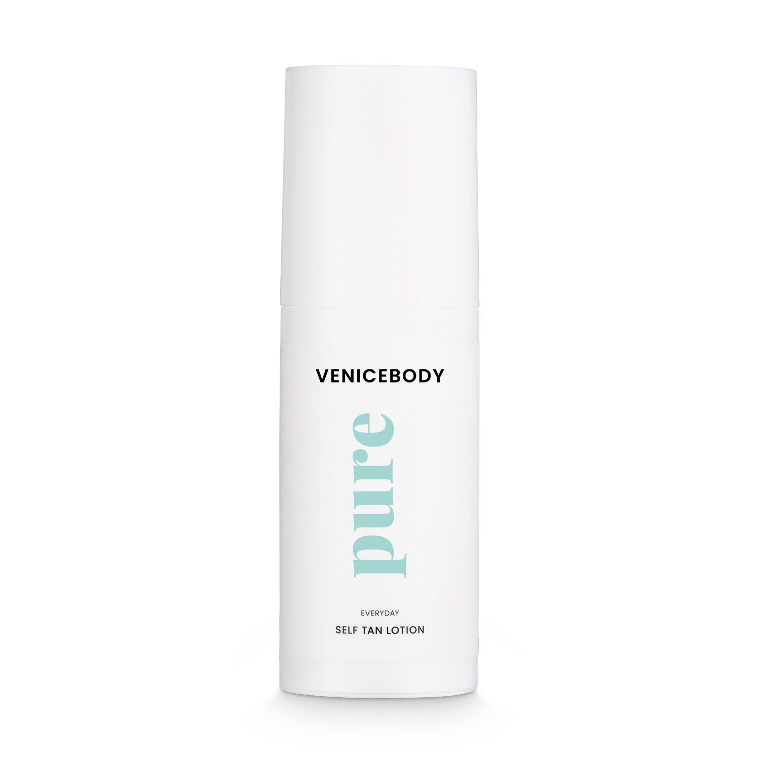 Weiße Flasche mit VENICEBODY pure Everyday Self Tan Lotion-Aufdruck. Vertikale Ansicht.