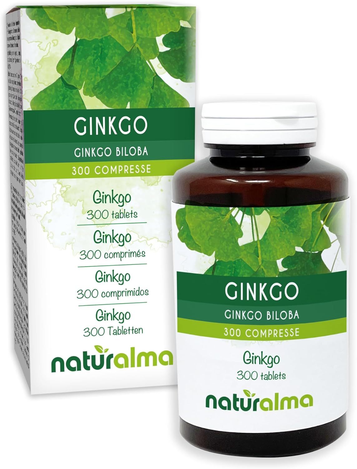 Eine Flasche und eine Schachtel mit Ginkgo biloba Tabletten. Das Naturalma-Logo ist sichtbar.