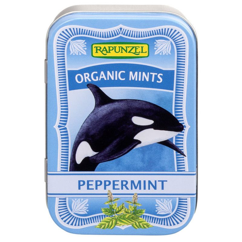 Scatola di metallo azzurro chiaro con motivo di balena. Scritta: Rapunzel, Organic Mints, Peppermint. Scatola con angoli arrotondati.