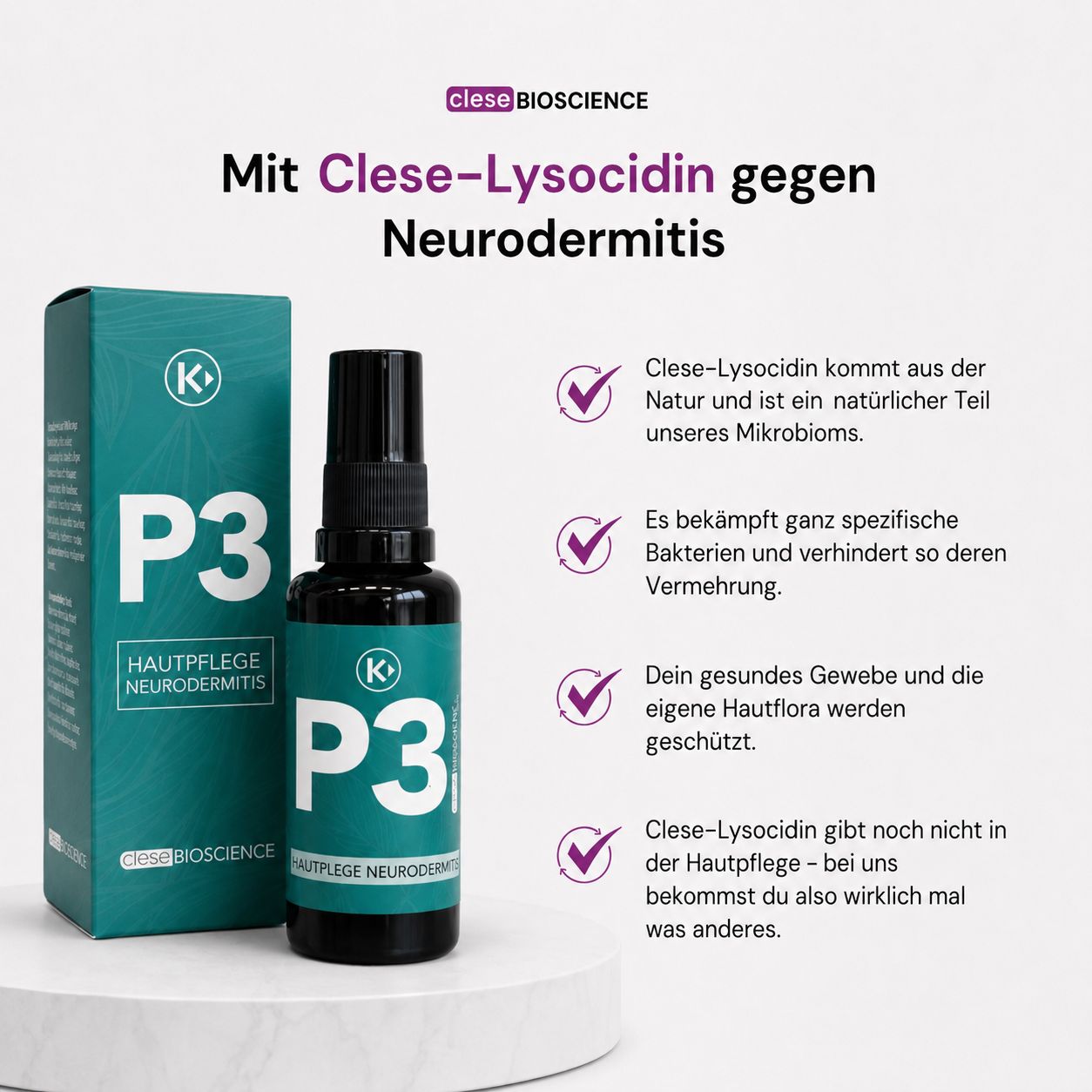 Clese P3 Neurodermitis Spray mit Clese-Lysocidin, gegen Neurodermitis.