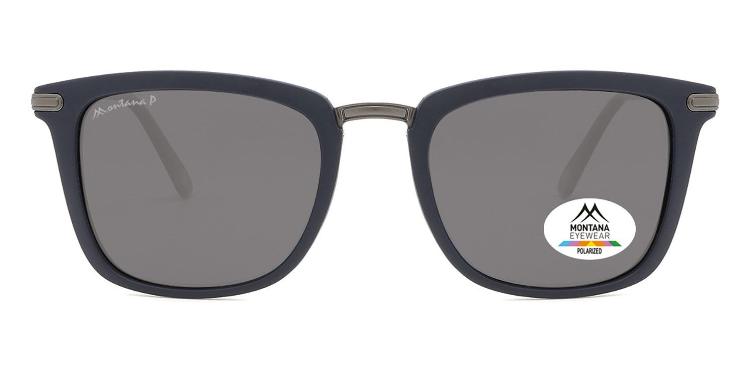 Dunkelblaue Sonnenbrille mit grauen Gläsern. Montana Eyewear Logo und Polarized-Aufkleber. Metallbügel und -details.