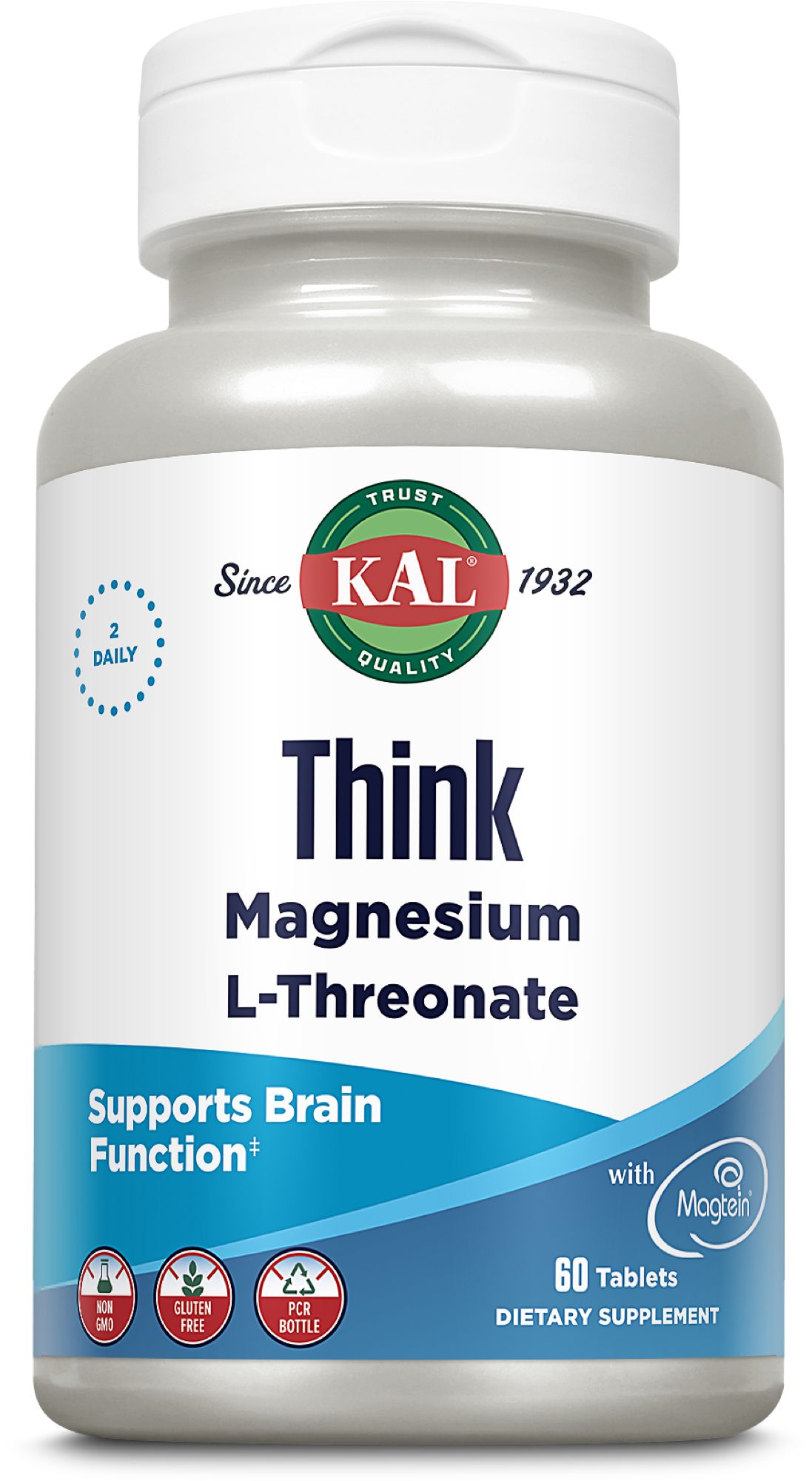 KAL Magnesium L-Threonat Flasche mit 60 Tabletten, unterstützt die Gehirnfunktion. Non-GMO, glutenfrei.