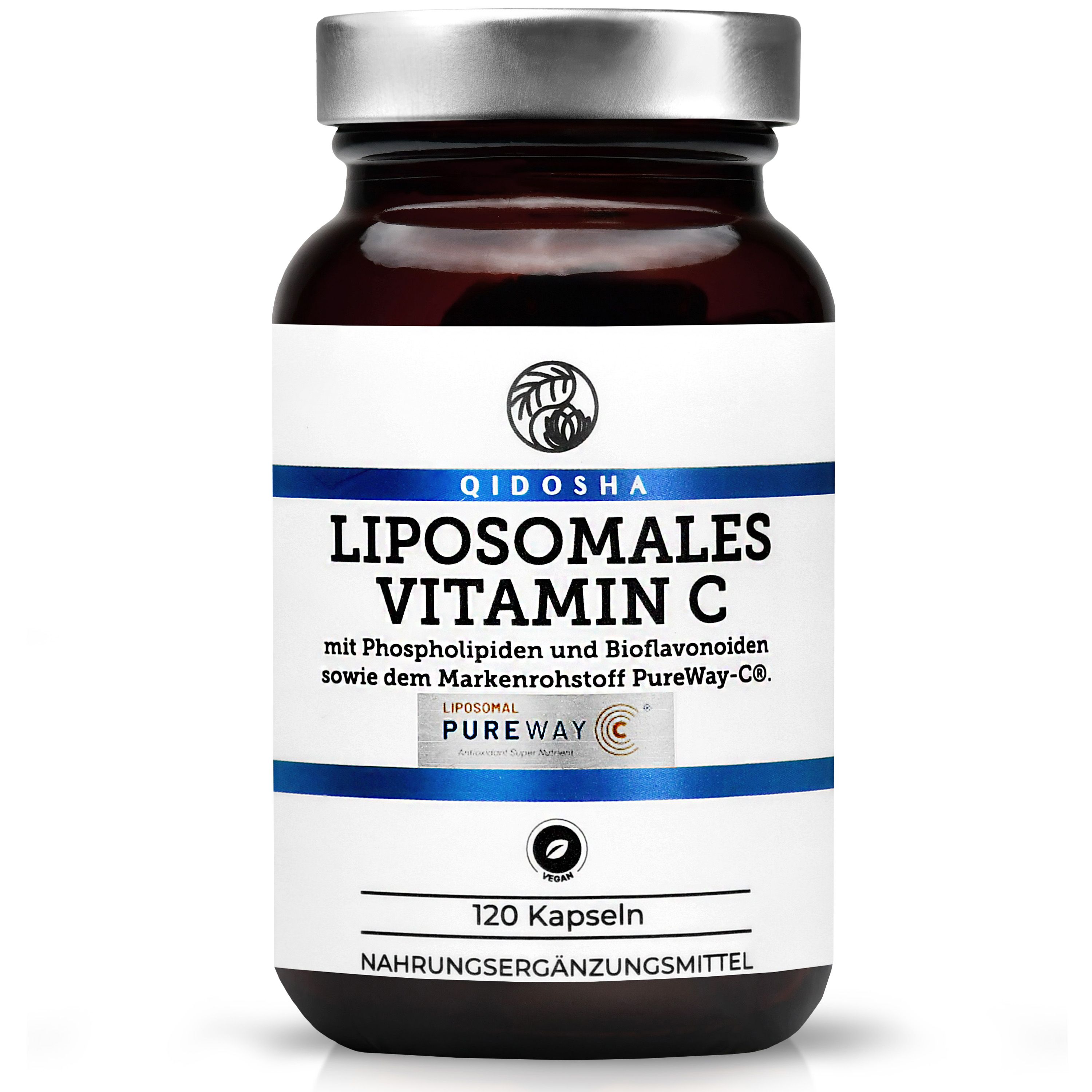 Braune Glasflasche mit weißem Etikett. Aufschrift: QIDOSHA Liposomales Vitamin C, 120 Kapseln. PureWay-C®-Logo.