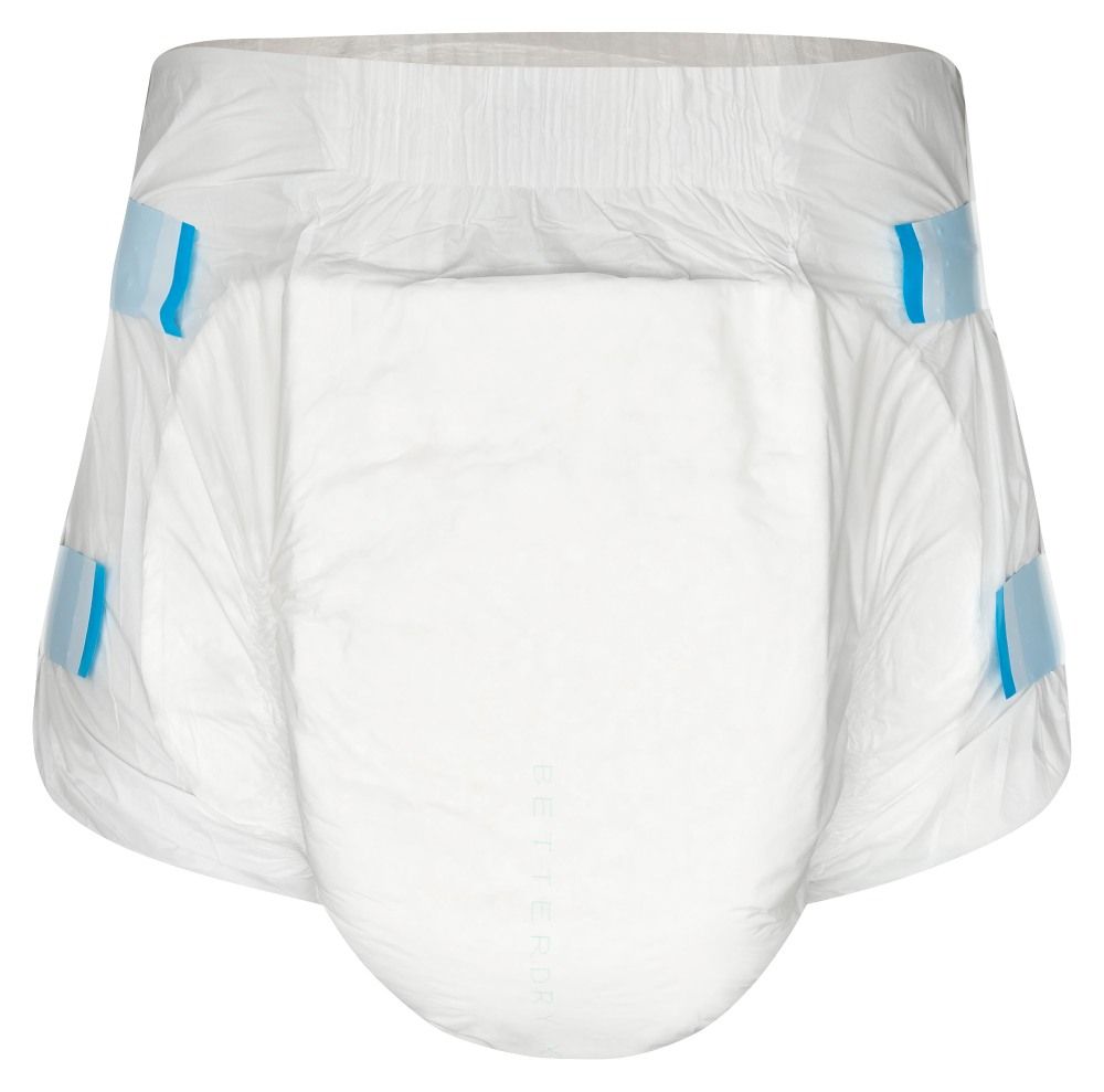 Vorderansicht einer BetterDry XL10 Erwachsenenwindel mit blauen Klebestreifen.