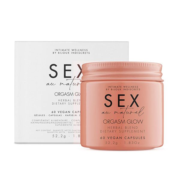 Rosa Dose und Schachtel mit Aufschrift SEX au naturel ORGASM GLOW. 60 vegane Kapseln. Marke Bijoux Indiscrets.