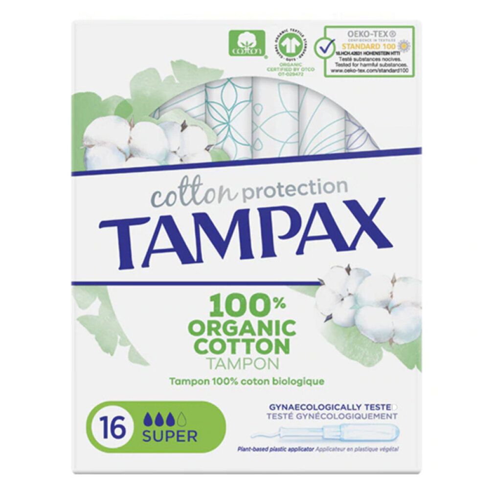 Verpackung mit Tampons. Marke: Tampax. 16 Super Tampons. 100% Bio-Baumwolle. Mit Applikator aus Pflanzenkunststoff. Gynäkologisch getestet.