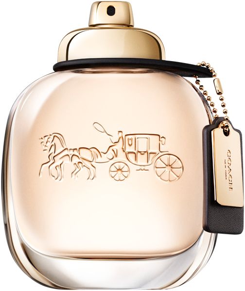 Coach New York Eau de Parfum Flakon. Rund, goldfarbener Verschluss, Anhänger. Logo und Kutsche.