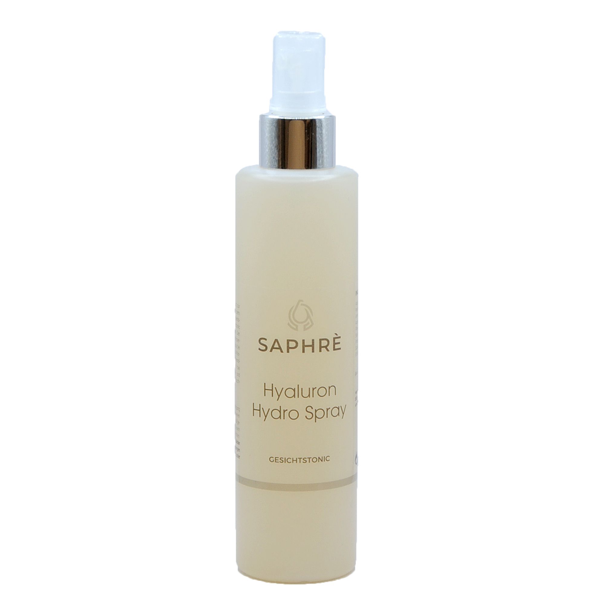 Sprühflasche mit silbernem Sprühkopf. Aufschrift: Saphre Hyaluron Hydro Spray. Unterteil mit Schriftzug Gesichtstonic.