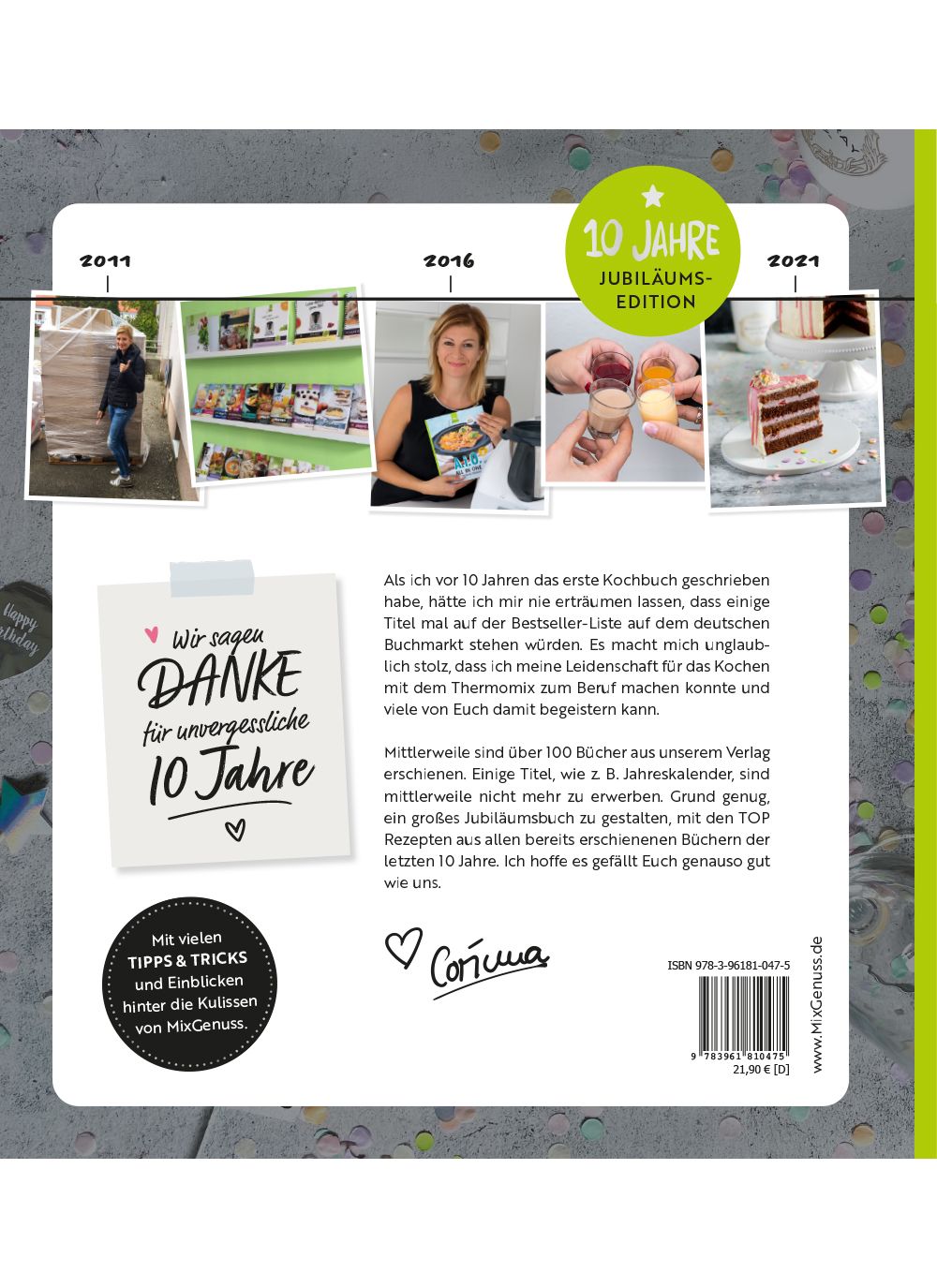 Buchrückseite mit Text und Fotos. Titel: "10 Jahre Jubiläums-Edition". Text in deutscher Sprache. ISBN und MixGenuss Logo.