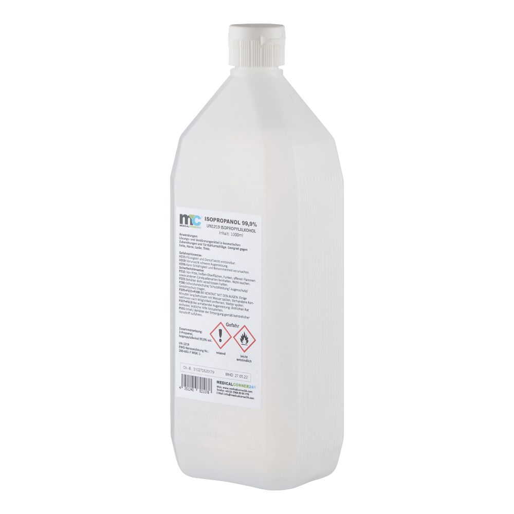 Flasche Isopropanol 99,9% mit Etikett. Warnhinweise und Produktinformationen sind sichtbar.