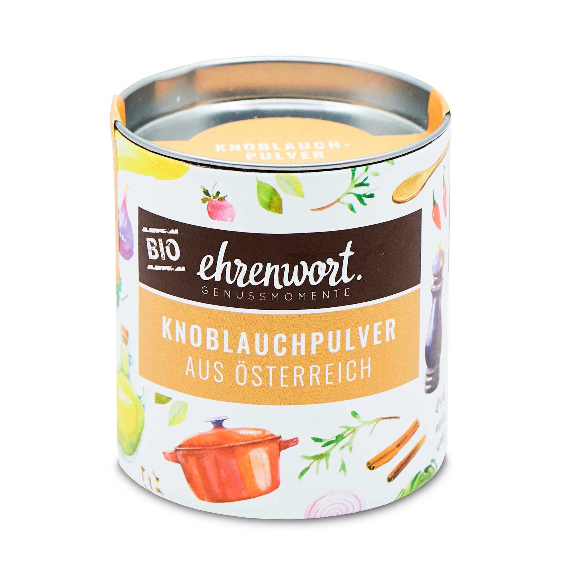 Zylindrische Dose mit "ehrenwort" und "Knoblauchpulver aus Österreich" Aufschrift. Bio-Siegel.
