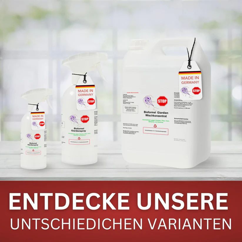Drei Behälter: Sprühflasche, Sprühflasche und Kanister. Text: "ENTDECKE UNSERE UNTSCHIEDLICHEN VARIANTEN".