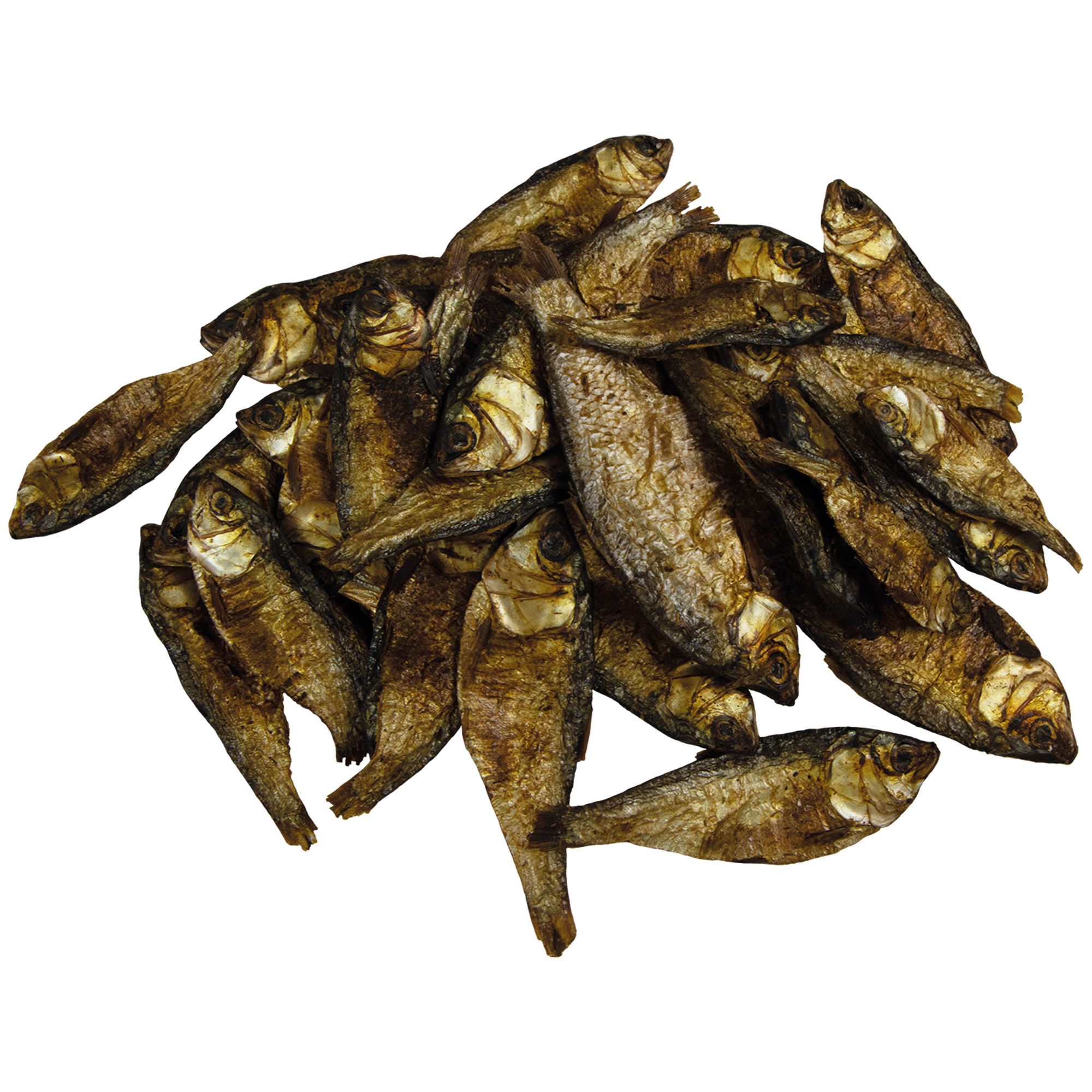 Gebratene Mojarra-Snackfische, braun, in einem Haufen. Fischform deutlich erkennbar, ohne Verpackung.