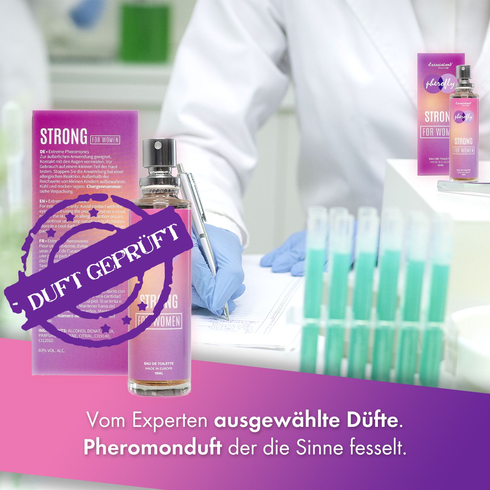 Parfumflasche und Verpackung. Flasche mit Zerstäuber, lila Etikett. Verpackung mit Produktnamen und Logo.