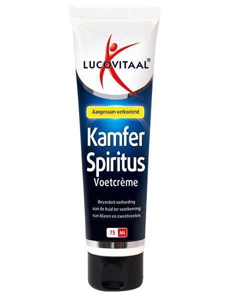 Tube voetcrème. Opschrift: Kamfer Spiritus Voetcrème. Bevat 75 ml. Merk: Lucovitaal. Met verkoelend effect.
