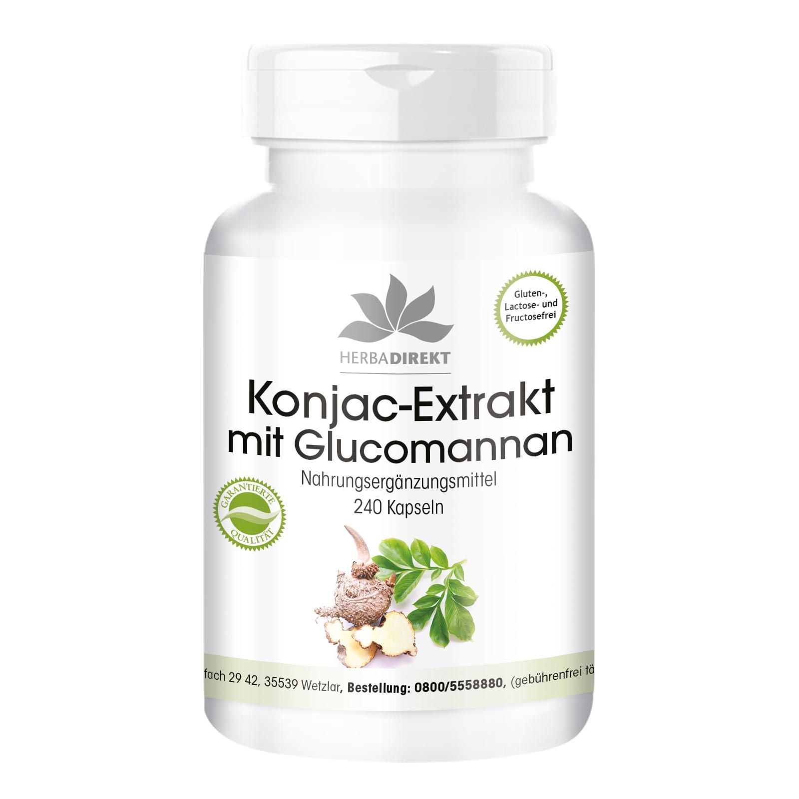 Weiße Flasche mit Kapseln. Aufschrift: Konjac-Extrakt mit Glucomannan. Logo und Siegel. Gluten-, Laktose- und Fructosefrei.