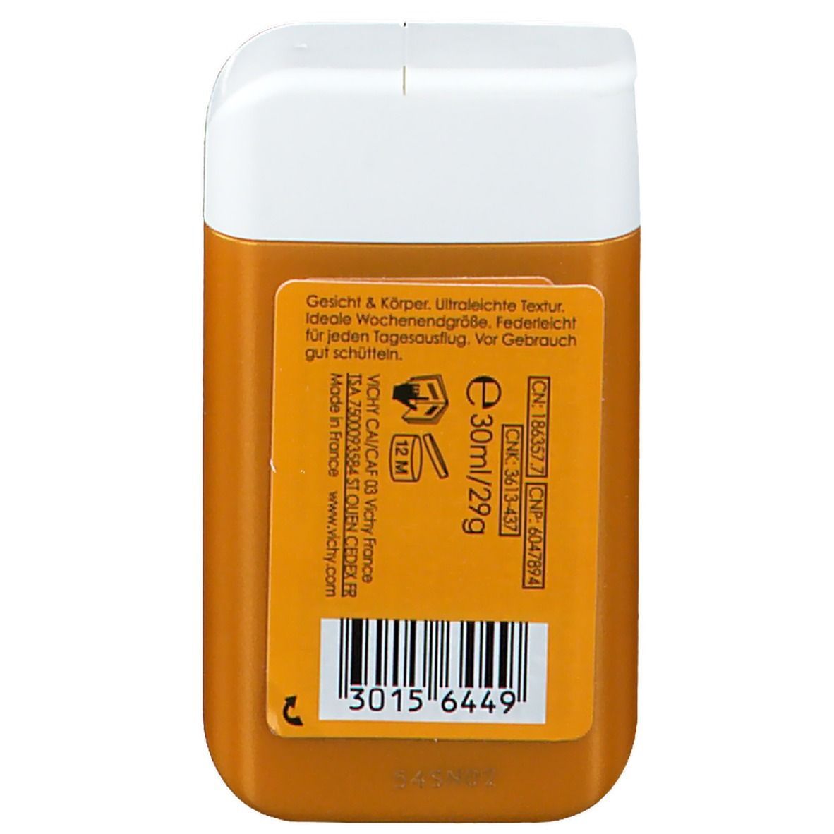 Sonnenfluid-Verpackung. Orangefarbene Flasche mit weißem Deckel. Text und Barcode auf dem Etikett. 30ml.