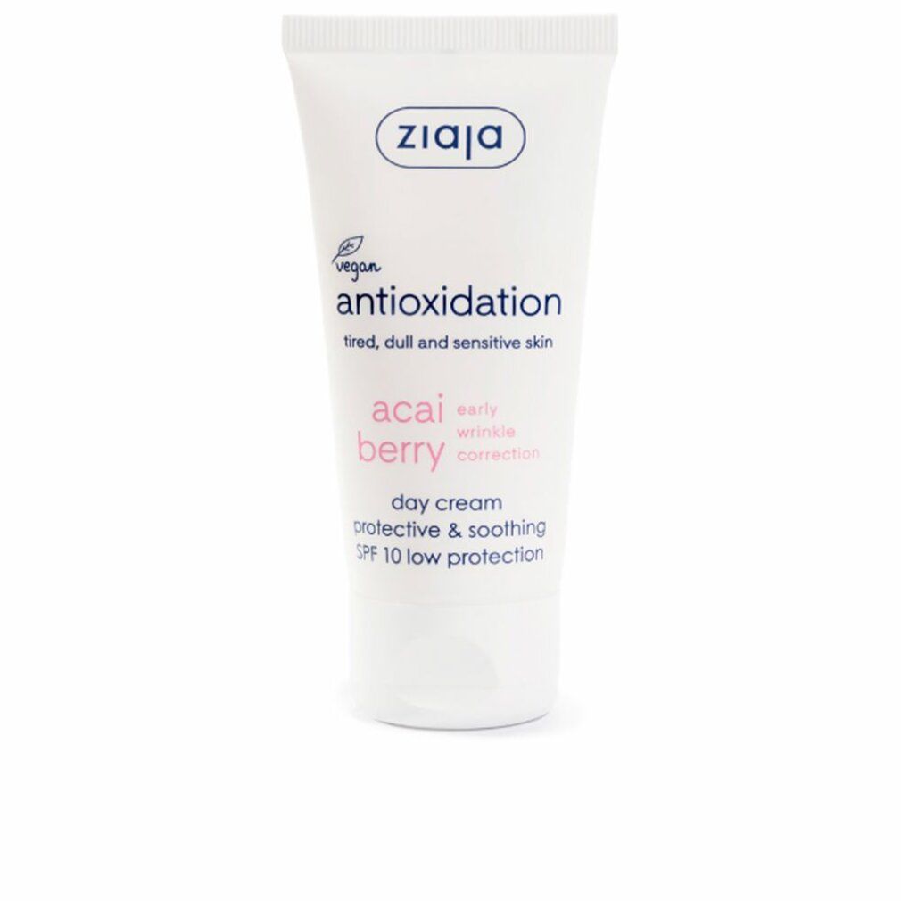 Weiße Tube mit Ziaja-Logo und Text: antioxidative Tagescreme mit Acai-Beere, SPF 10. Für müde, fahle und empfindliche Haut.